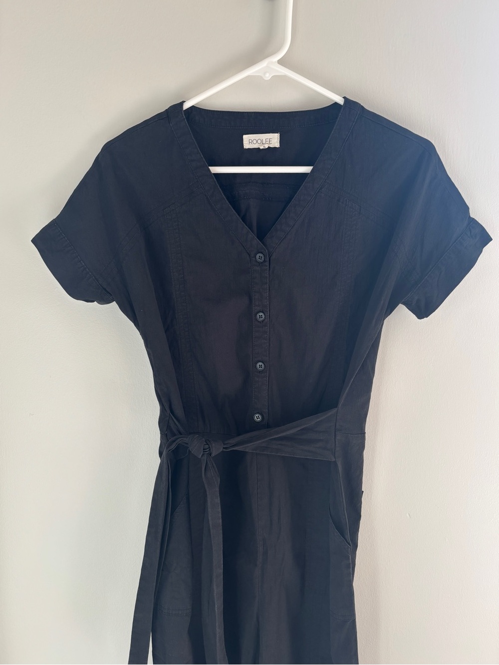 Roolee Black Button-Front Belted Jumpsuit